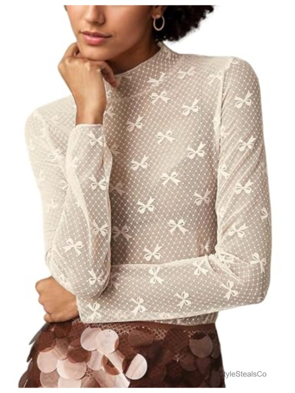 Women Lace Mesh Bow Top Long Sleeve Mock Neck See Through Sheer Polka Dot